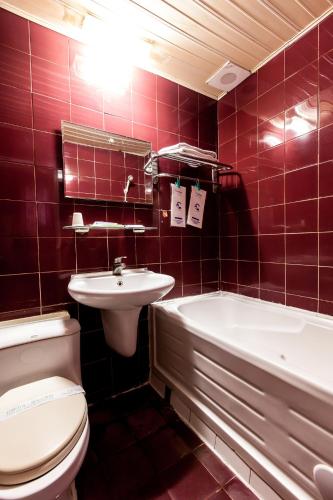 a red tiled bathroom with a toilet and a sink at Ruei Gung Business Hotel Kaohsiung in Kaohsiung