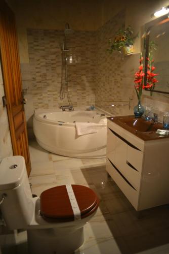a bathroom with a toilet and a bath tub at Alojamiento Bernabales in Pámanes