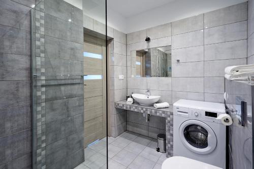 Un baño con lavadora y lavabo. en Apartament Winnica Centrum, en Zielona Góra