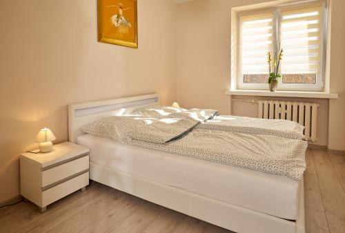 a white bedroom with a bed and a window at Apartament Winnica Centrum in Zielona Góra