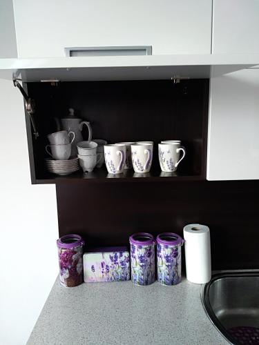 a group of cups on a shelf in a kitchen at 3-Pokojowy Apartament Villa Park - Top Location in Olsztyn