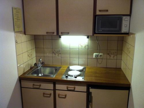 eine kleine Küche mit einer Spüle und einer Mikrowelle in der Unterkunft Haus Marcell in Sölden