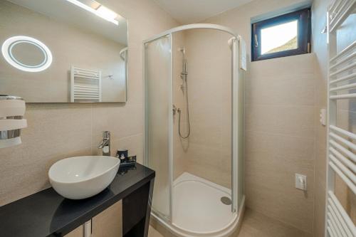 a bathroom with a sink and a shower at Village Resort Hanuliak Apartmany in Belá