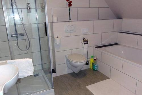 a bathroom with a shower and a toilet and a sink at Haus Harmonie in Bad Driburg