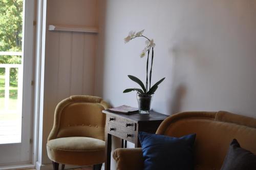 a room with two chairs and a table with a plant on it at Meke in Mustkalni
