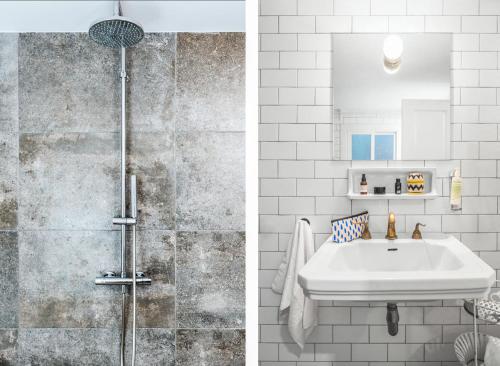 a bathroom with a sink and a shower at Brummell Apartments Eixample Derecha/Ballroom in Barcelona