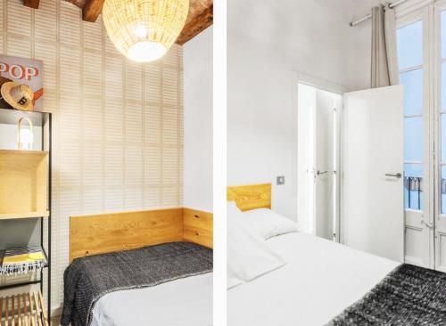 two images of a bedroom with two beds at Brummell Apartments Eixample Derecha/Ballroom in Barcelona