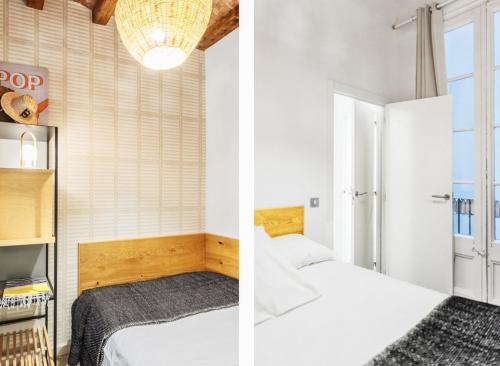 twee afbeeldingen van een slaapkamer met twee bedden bij Brummell Apartments Eixample Derecha/Ballroom in Barcelona