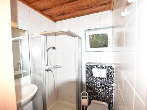 Un baño con ducha, inodoro y lavabo. en Ferienhaus in Neubukow mit Terrasse, en Neubukow