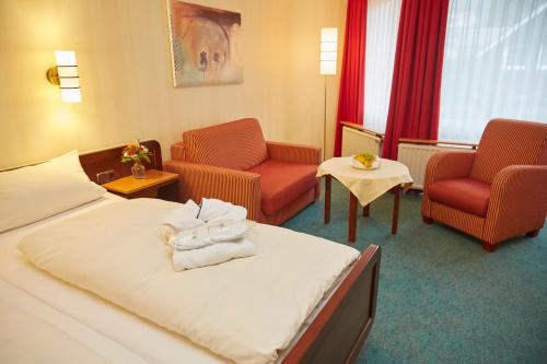 Habitación de hotel con 1 cama y 2 sillas en Hotel Central en Willingen