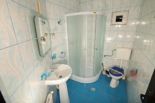 baño de azulejos azules con lavabo y aseo en Vila Cotul Donului, en Timisu de Sus