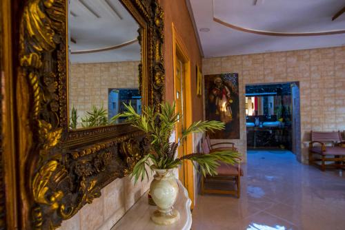 a large mirror and a vase with a plant in a room at Maison d'hôtes La Ferme AZIZA in Fès