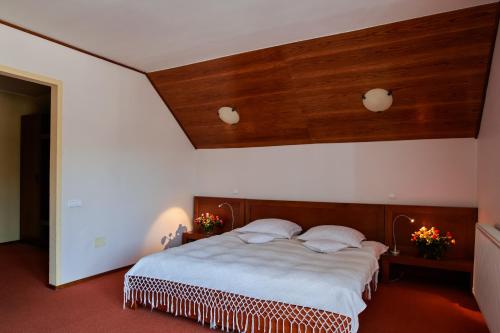 a bedroom with a large bed with a wooden headboard at Complex Turistic Bucovina in Suceviţa