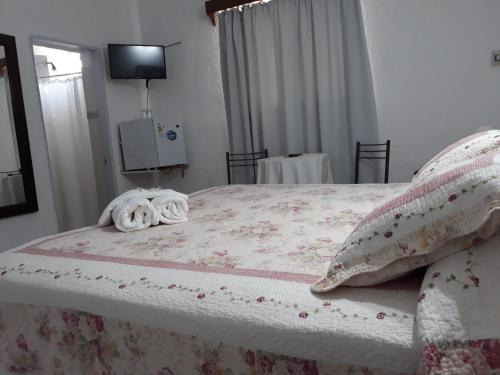 a bedroom with a bed with pillows and a tv at Hotel La Posta del Dayman in Termas del Daymán