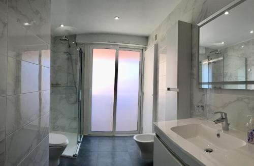 une salle de bain avec un lavabo, des toilettes et une douche dans l'établissement Roi Chevalier, à Antibes