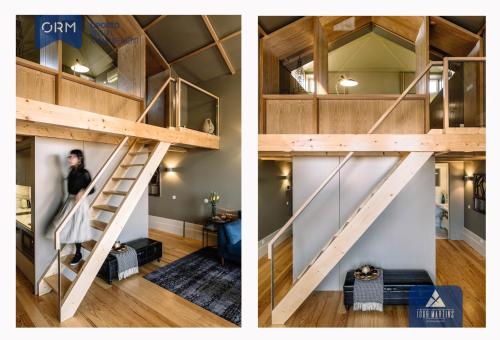 um quarto com uma conversão de loft e uma mulher de pé nas escadas em ORM - Almada Terrace Apartment no Porto