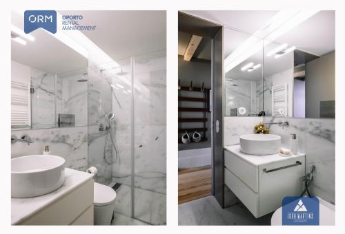 Dos imágenes de un baño con lavabo y ducha. en ORM - Almada Terrace Apartment, en Oporto