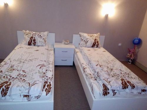sypialnia z 2 łóżkami i szafką nocną w obiekcie Kafana "Kaj Zoki" w mieście Probištip