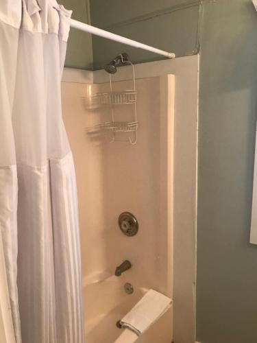 a bathroom with a shower with a shower curtain at New Orleans House - Gay Male Adult Guesthouse in Key West