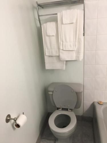 a bathroom with a white toilet and towels at Advantage Motel in Kapuskasing
