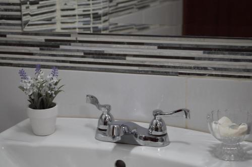 lavabo con grifo y jarrón de flores en Posada La Merced, en Arequipa