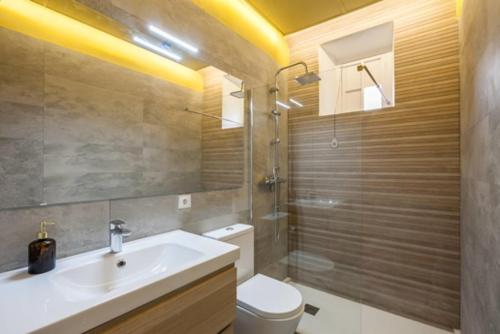 セビリアにあるCharming luminous flat in the center of Sevilleのバスルーム(洗面台、トイレ、シャワー付)