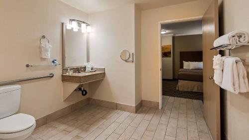 a bathroom with a toilet, sink, and mirror at Best Western John Muir Inn in Martinez