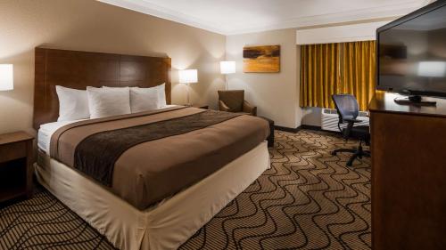 a hotel room with a bed and a flat screen tv at Best Western John Muir Inn in Martinez