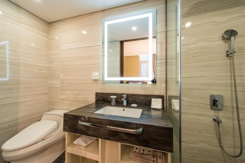 a bathroom with a sink and a toilet and a mirror at ENA Suite Hotel Namdaemun in Seoul