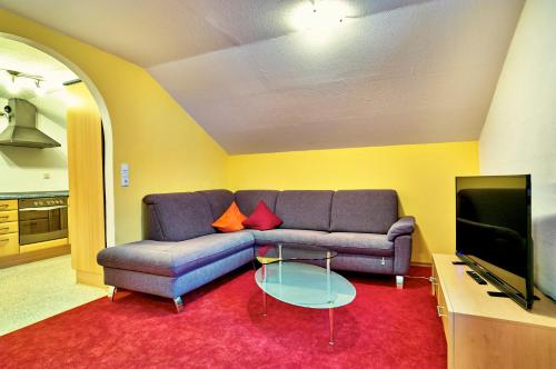a living room with a couch and a tv at Rehwinkel in Bodenmais