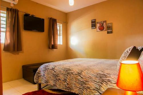 a bedroom with a bed and a flat screen tv at One32 Guesthouse Red Velvet in Kingston