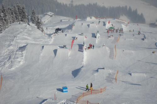 a group of people skiing down a snow covered slope at Haus Renswouw in Hollersbach im Pinzgau