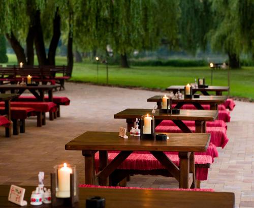 杜瑙基利蒂的住宿－Sári Csárda Panzió，公园里一排带蜡烛的野餐桌
