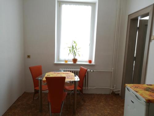 a dining room with a table and chairs and a window at Penzion PALMA in Frýdlant nad Ostravicí