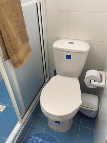 ein Badezimmer mit einem weißen WC und einer Dusche in der Unterkunft Cabaña Diana in San Andrés