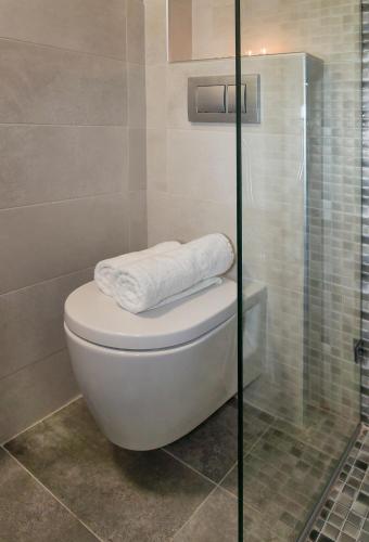 a bathroom with a toilet and a glass shower at Star Apartments in Rethymno