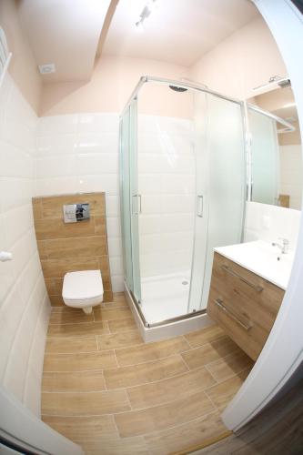 a bathroom with a shower and a toilet and a sink at Pod Beczką in Augustów