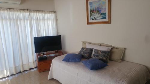 a bedroom with a bed with blue pillows and a flat screen tv at Las Frambuesas in Viedma