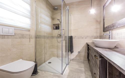 a bathroom with a shower and a toilet and a sink at Villa Tana in Sužan