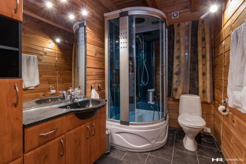 uma casa de banho com um chuveiro, um lavatório e um WC. em Vrådal Panorama - Tiuråsvegen 39 em Vradal