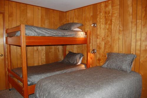 two bunk beds in a room with wooden walls at 99 Yosemite Mountain Lodge in Wawona