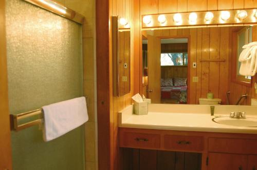 a bathroom with a sink and a mirror at 99 Yosemite Mountain Lodge in Wawona