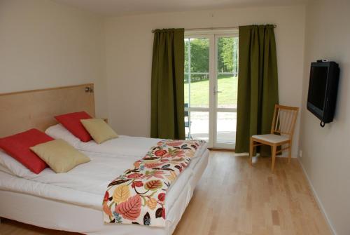 a bedroom with a bed and a tv and a window at Baldersnäs Herrgård in Dals Långed