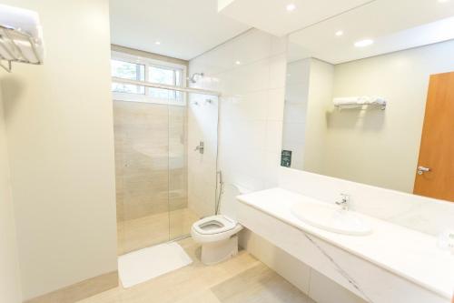 a bathroom with a toilet and a sink and a shower at Hotel Pousada do Bosque in Ponta Porã