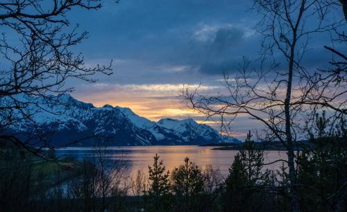 a view of a lake at sunset with mountains at Aurora View Cabin in Lyngseidet