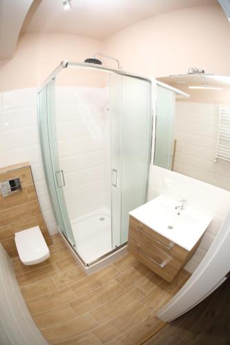 a bathroom with a shower and a toilet and a sink at Pod Beczką in Augustów