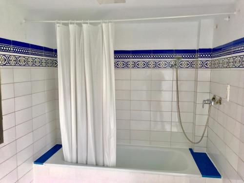 Casa Playa Gandia Centro I في غانديا: حمام مع حوض مع ستارة دش