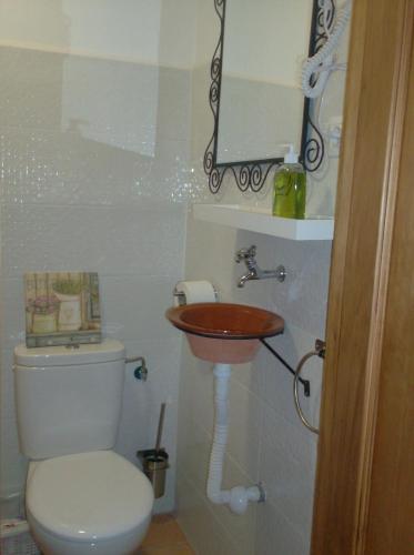 Baño pequeño con aseo y lavamanos en Rocio Rooms, en El Rocío