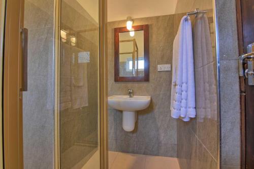 a bathroom with a shower and a sink and a mirror at Dambulla Hills Resort in Dambulla