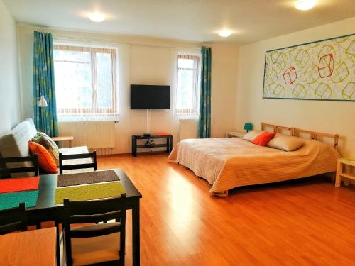 a bedroom with a bed and a flat screen tv at Apartment Promenada in Poděbrady